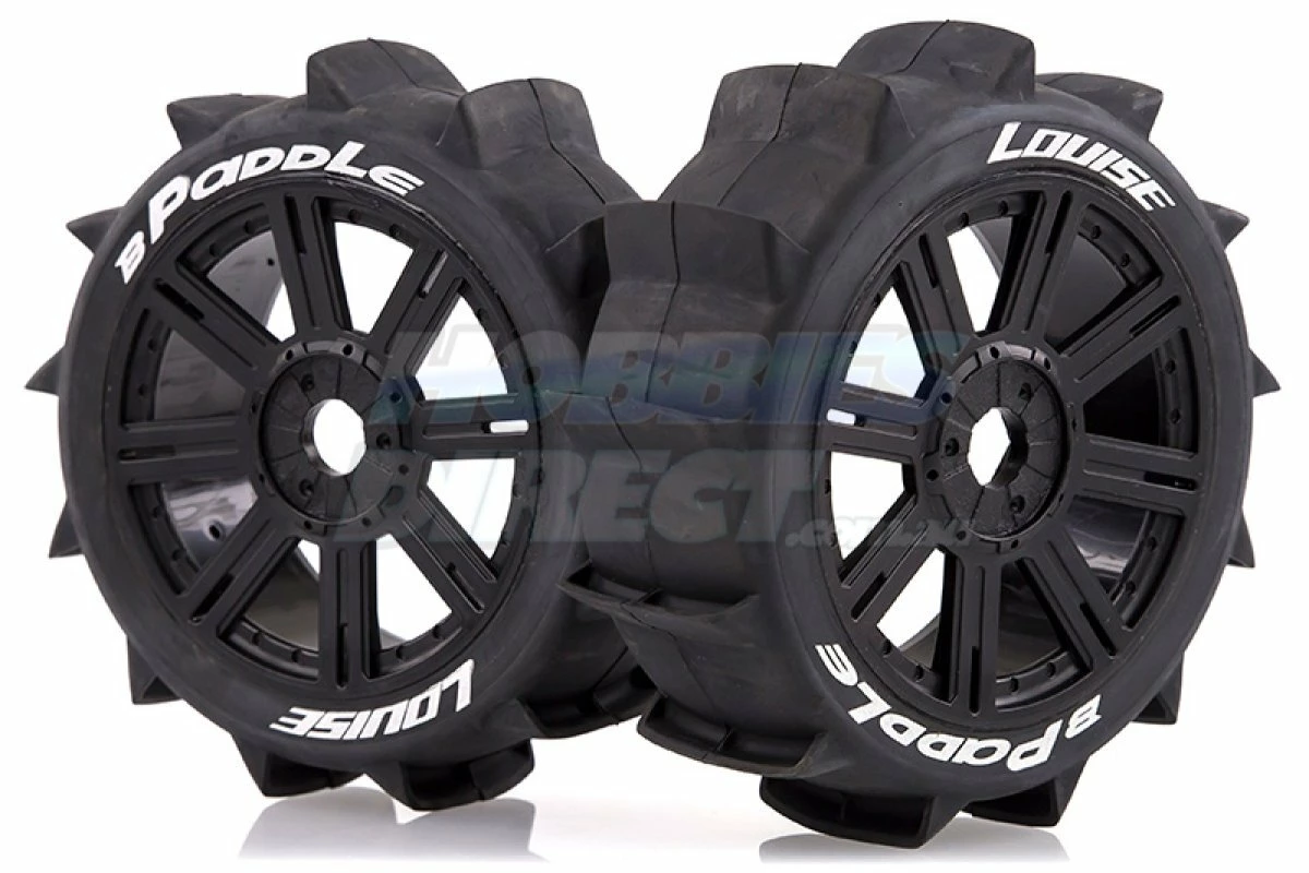 L-T3249B | Louise 84mm B-Paddle Tyres On Black Spoke Rims - Glued Buggy Wheels W/ Foam 2Pcs