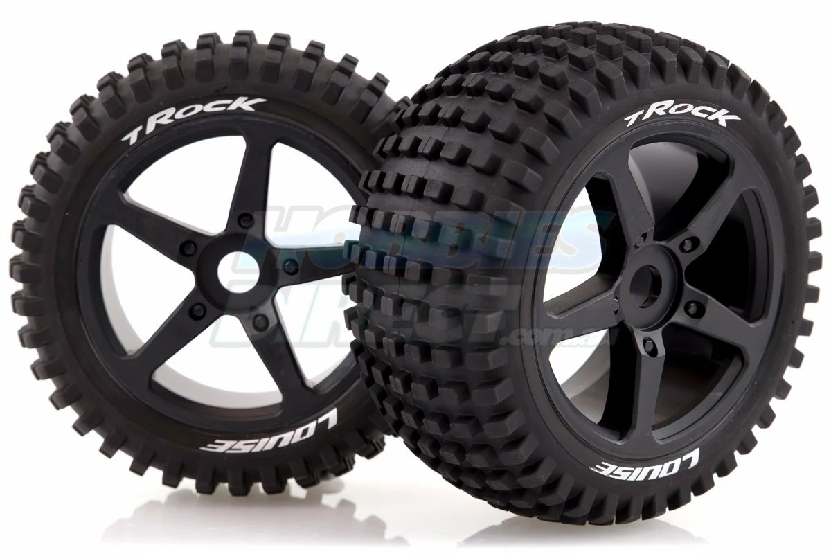 L-T3251B | Louise 3.8" T-Rock Tyres On Black Spoke Rims - Glued Truggy Wheels W/ Foam 2Pcs