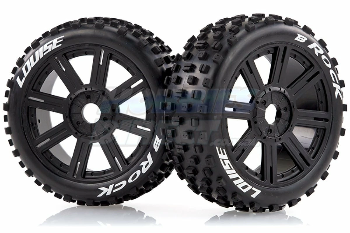 L-T3270B | Louise 3.3" B-Rock Tyres On Black Spoke Rims - Glued Buggy Wheels W/ Foam 2Pcs