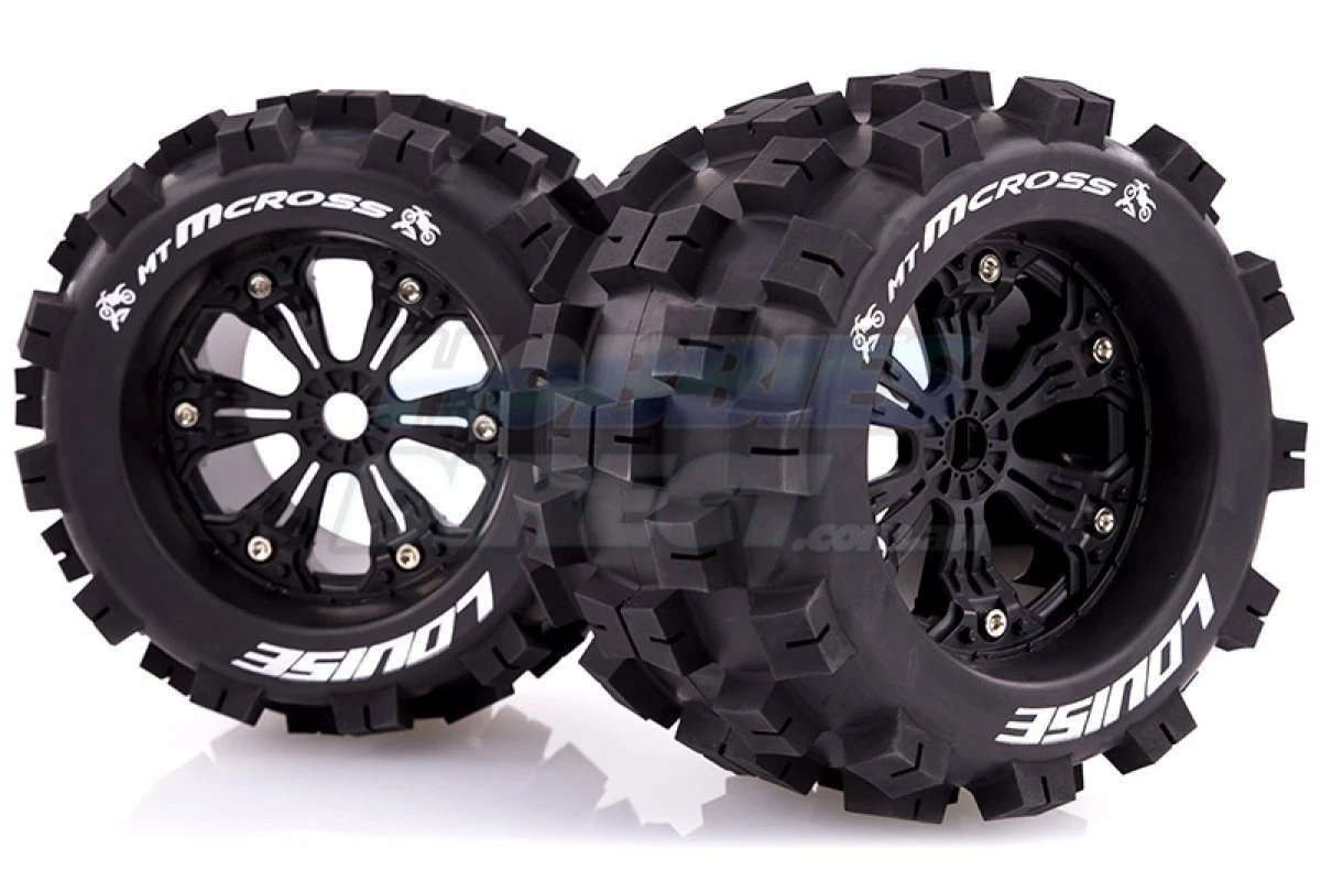 L-T3276B | Louise 3.8" MT-Mcross Tyres On Black Spoke Rims - Glued Truck Wheels W/ Foam 2Pcs
