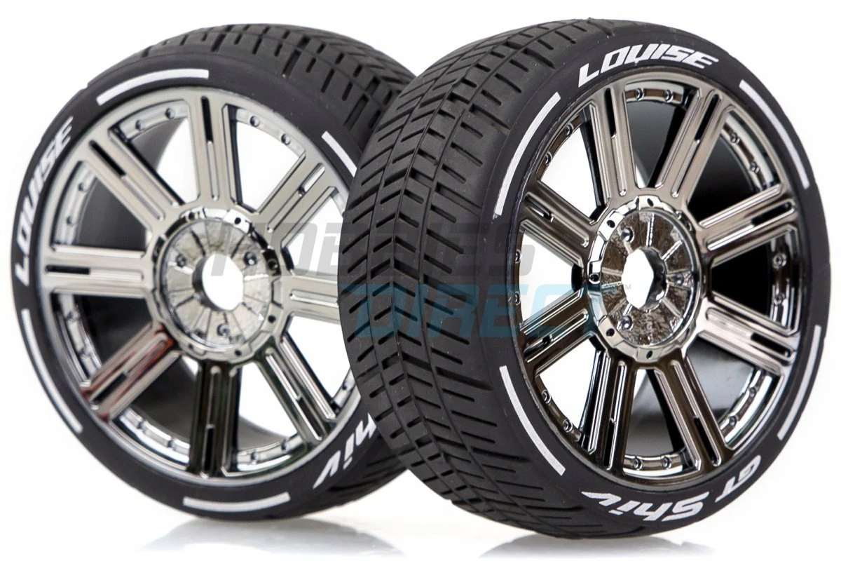 L-T3284SBC | Louise 3.3" GT-Shiv MFT (Soft) Tyres On Black Chrome 8 Spoke Rims - Glued Wheels 2Pcs