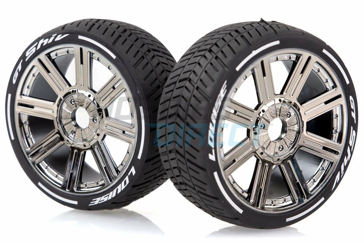 L-T3284VBC | Louise 3.3" GT-Shiv MFT (Super Soft) Tyres On Black Chrome 8 Spoke Rims - Glued Wheels 2Pcs