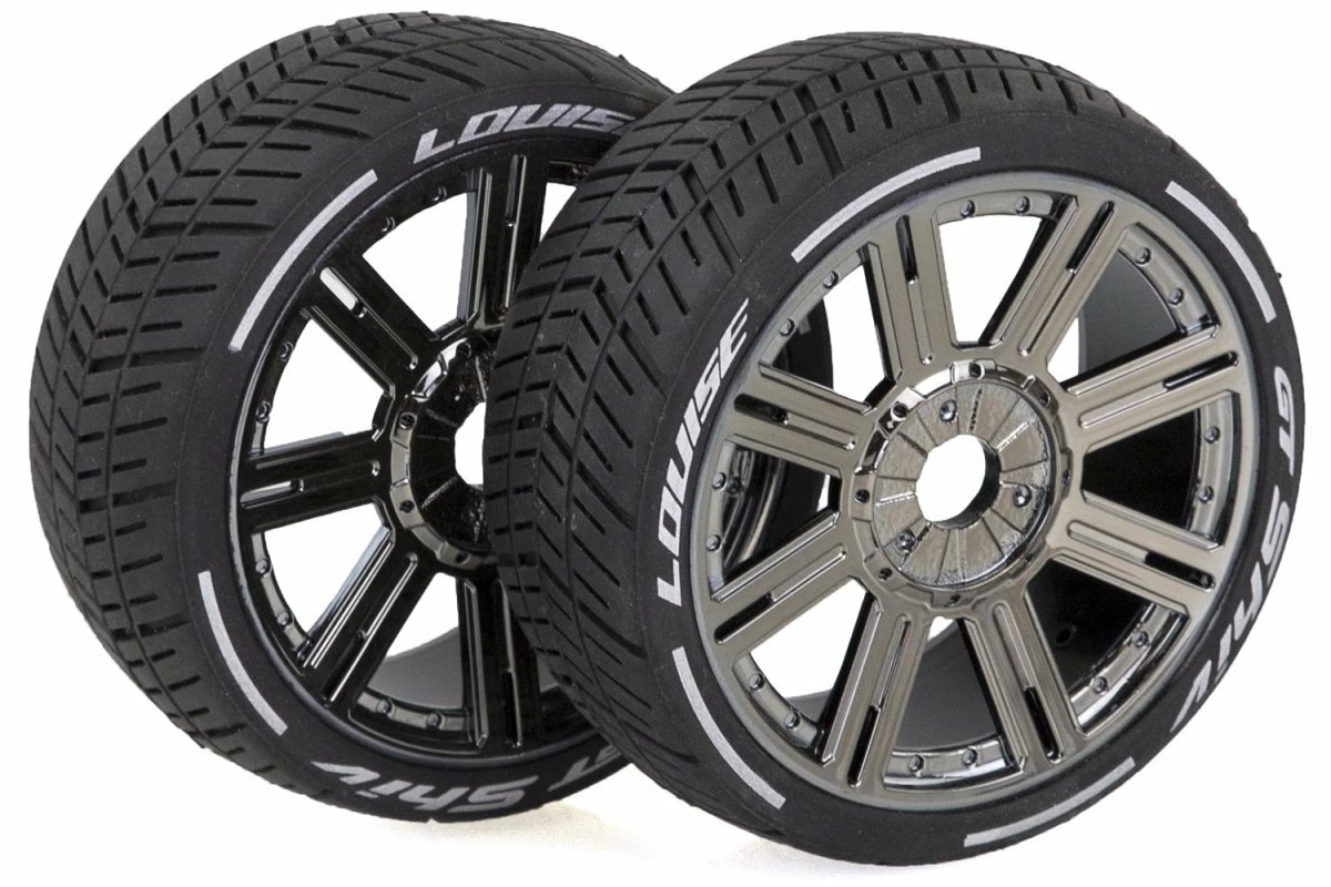 L-T3285SBC | Louise 3.3" GT-Tarmac MFT (Soft) Tyres On Black Chrome 8 Spoke Rims - Glued Wheels 2Pcs