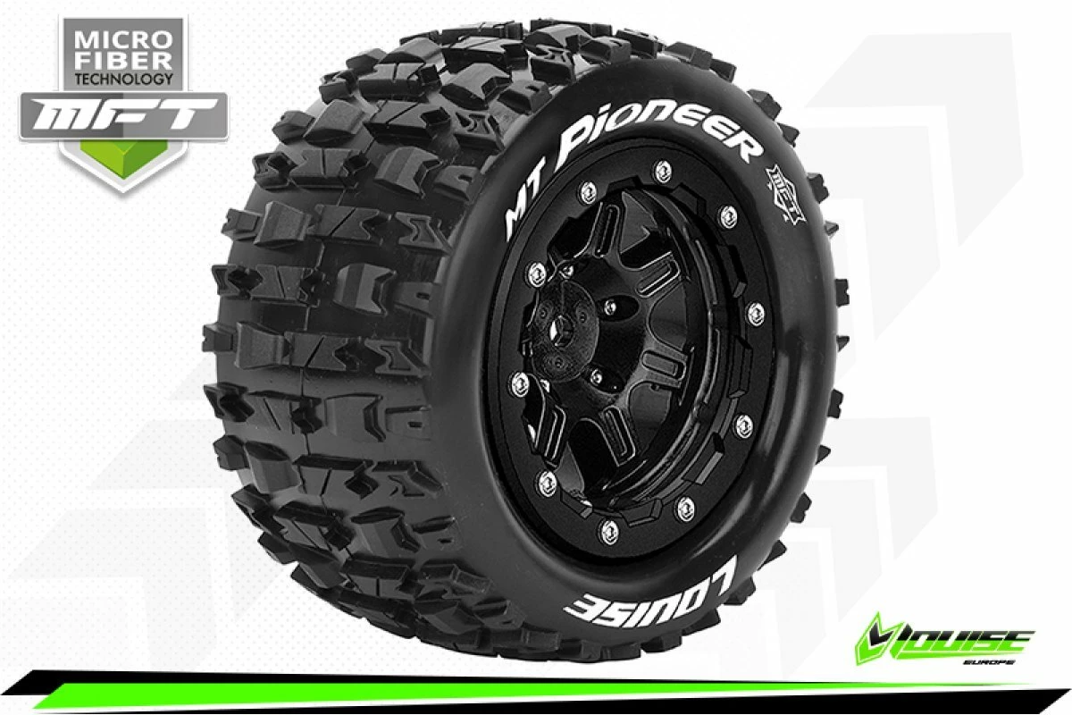 L-T3329SB | Louise 3.3" 1/10 Maxx 4S MT-Pioneer MFT Tyres On (1/2 Offset) Black Rims - Beadlocked Wheels 2Pcs