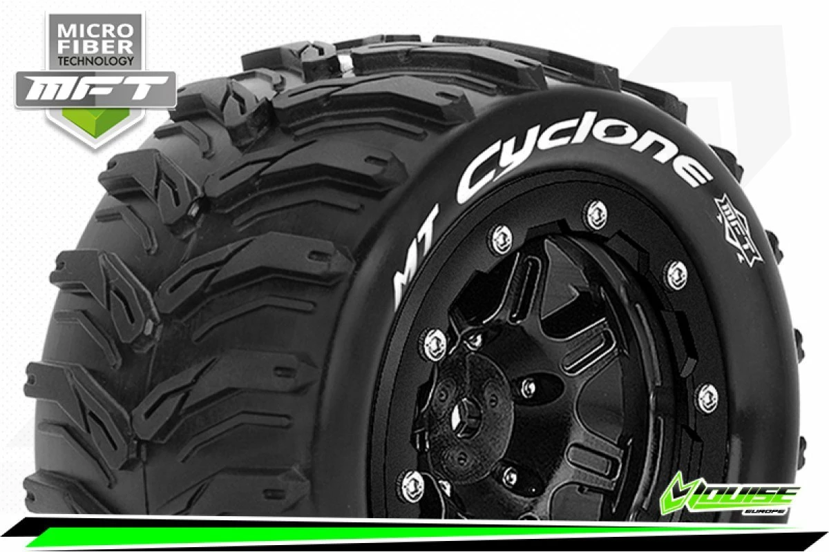 L-T3331SB | Louise 3.3" 1/10 Maxx 4S MT-Cyclone MFT Tyres On (1/2 Offset) Black Rims - Beadlocked Wheels 2Pcs - Image 2