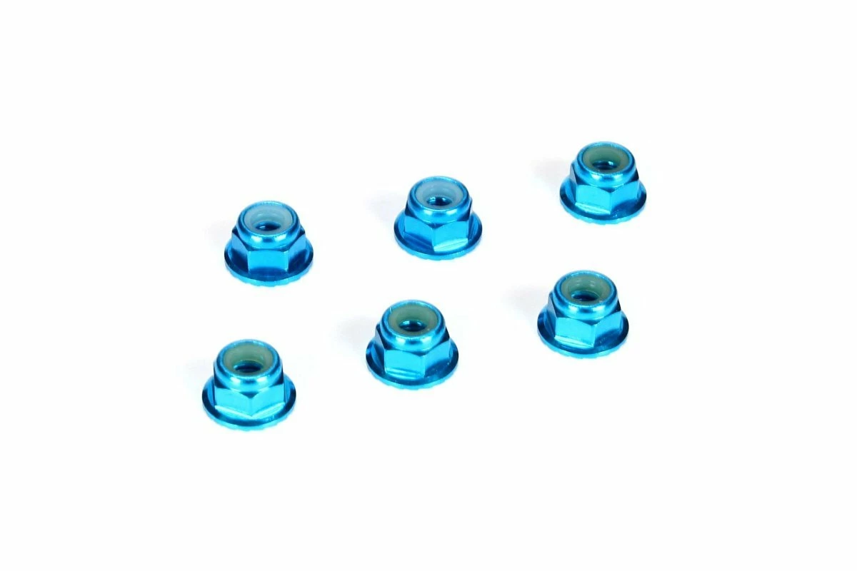 TLR336001 | TLR 4mm Blue Aluminium Flanged Serrated Nyloc Nuts 6Pcs